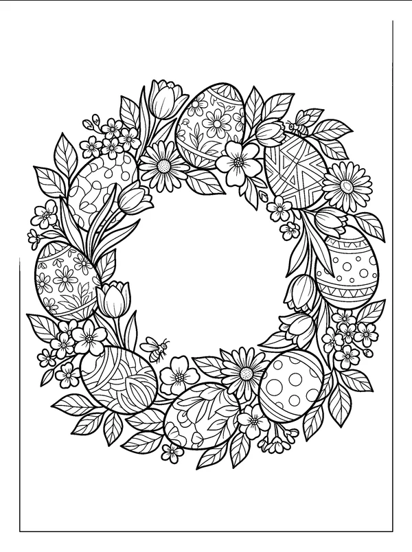 Easter Egg and Blossom Wreath — printable black-and-white coloring sheet