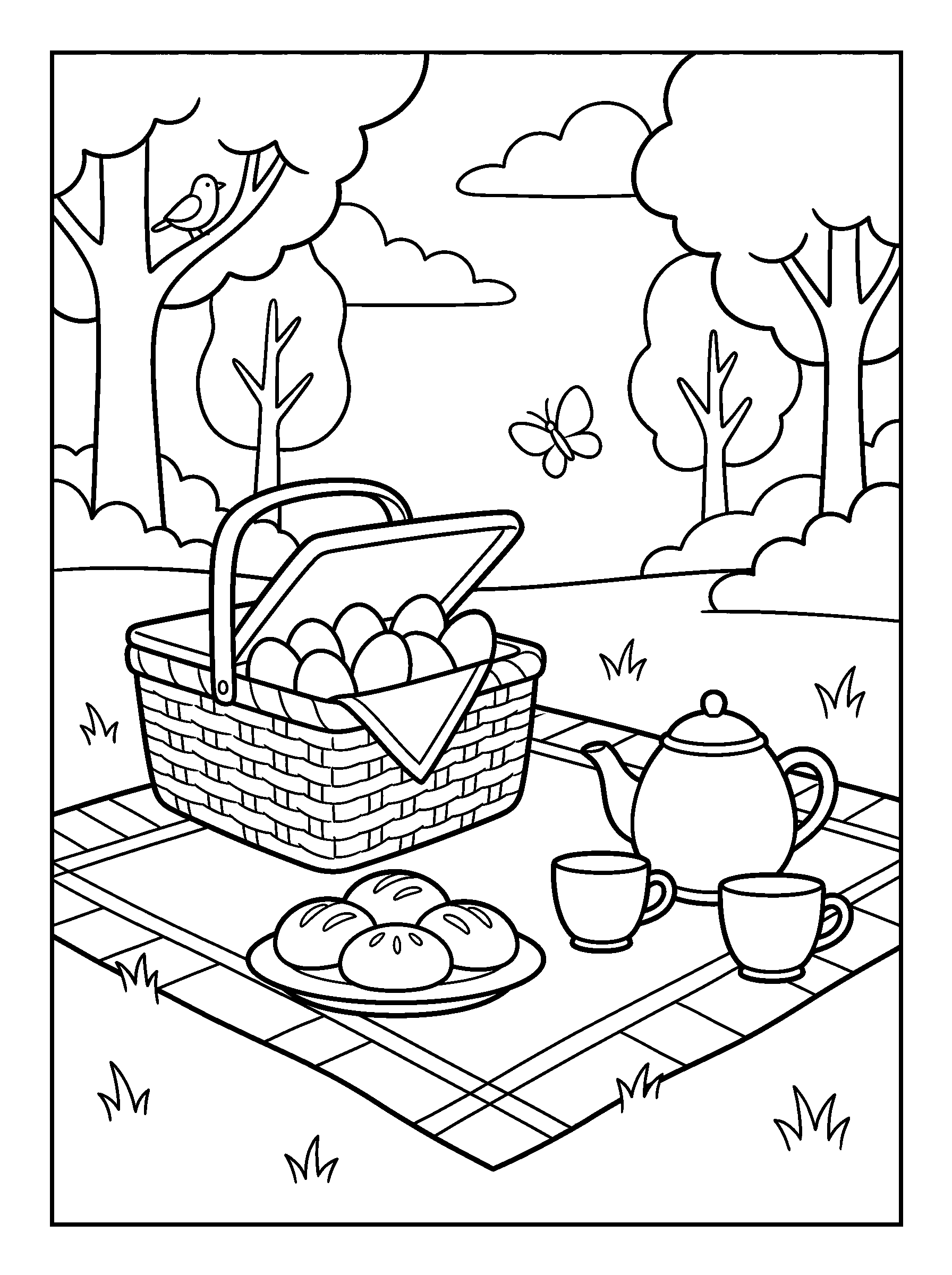 Easter Picnic on a Blanket — full black-and-white printable coloring page