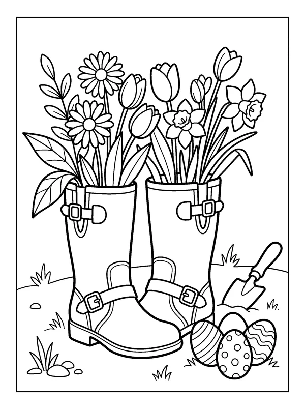 Flower-Filled Rain Boots and Eggs — printable black-and-white coloring sheet