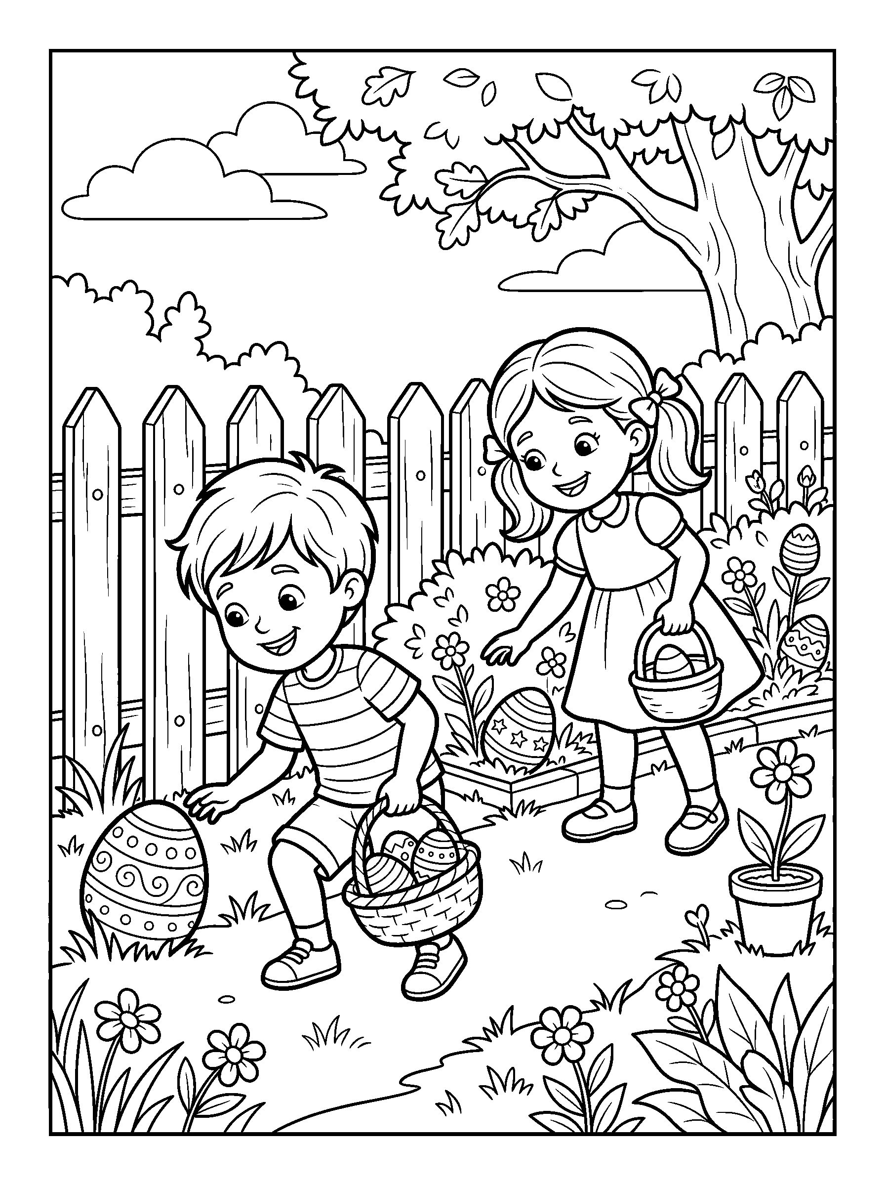 Garden Easter Egg Hunt — full black-and-white printable coloring page
