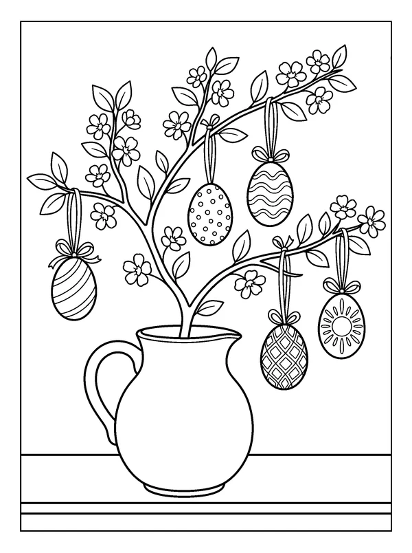 Hanging Eggs on a Spring Branch — printable black-and-white coloring sheet