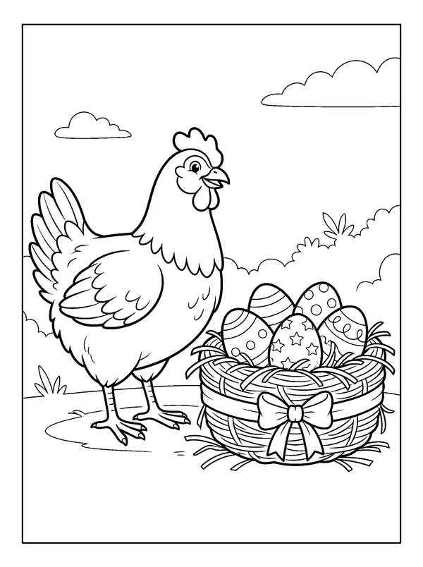 Hen Beside the Ribbon Nest — printable black-and-white coloring sheet