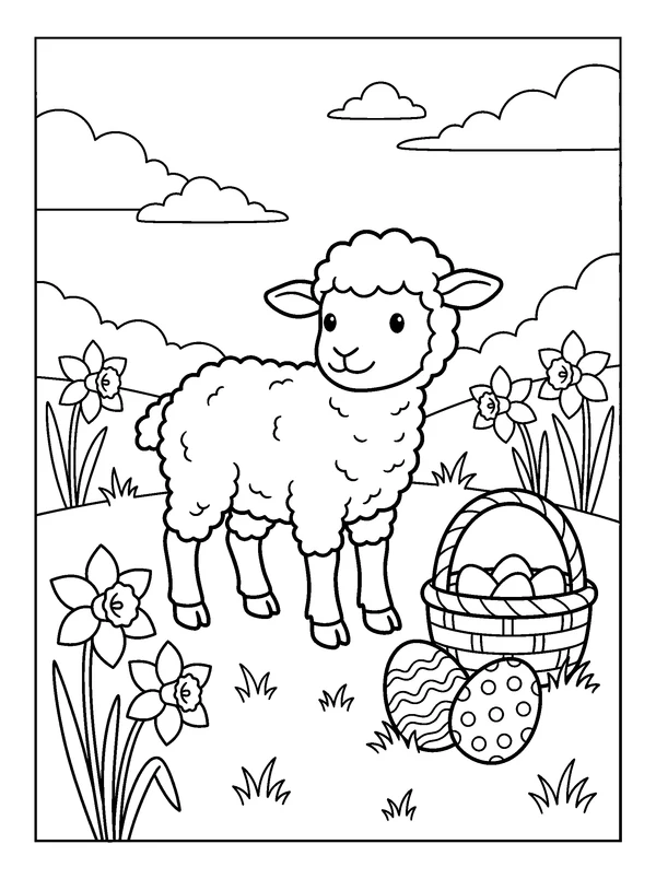 Lamb in the Easter Meadow — printable black-and-white coloring sheet