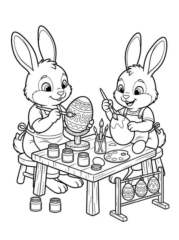 Painting Eggs at the Craft Table — printable black-and-white coloring sheet