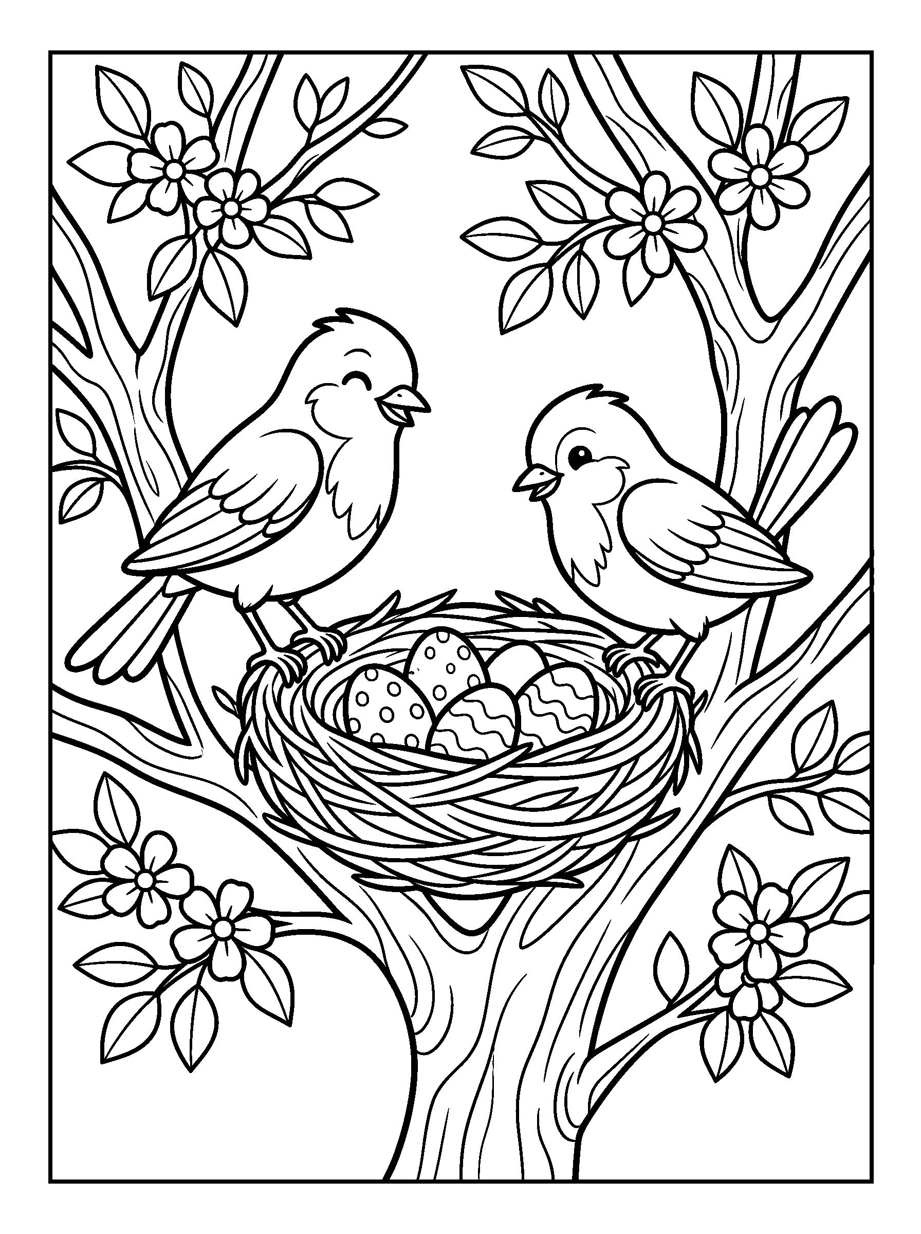 Spring Bird Nest with Easter Eggs — full black-and-white printable coloring page