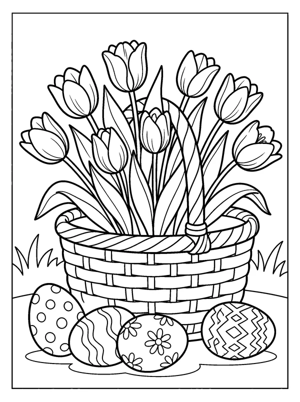 Tulips and Eggs in a Basket — printable black-and-white coloring sheet