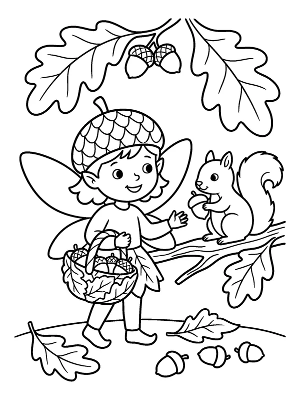 Acorn Fairy — printable black-and-white coloring sheet