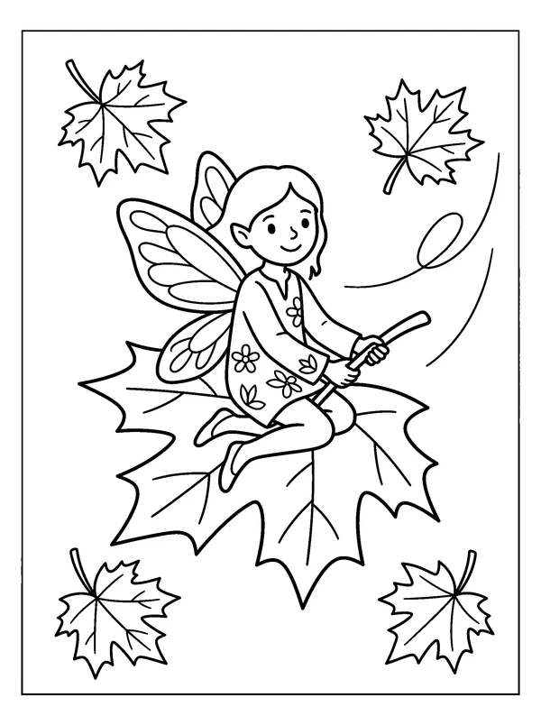 Autumn Leaf Fairy — printable black-and-white coloring sheet