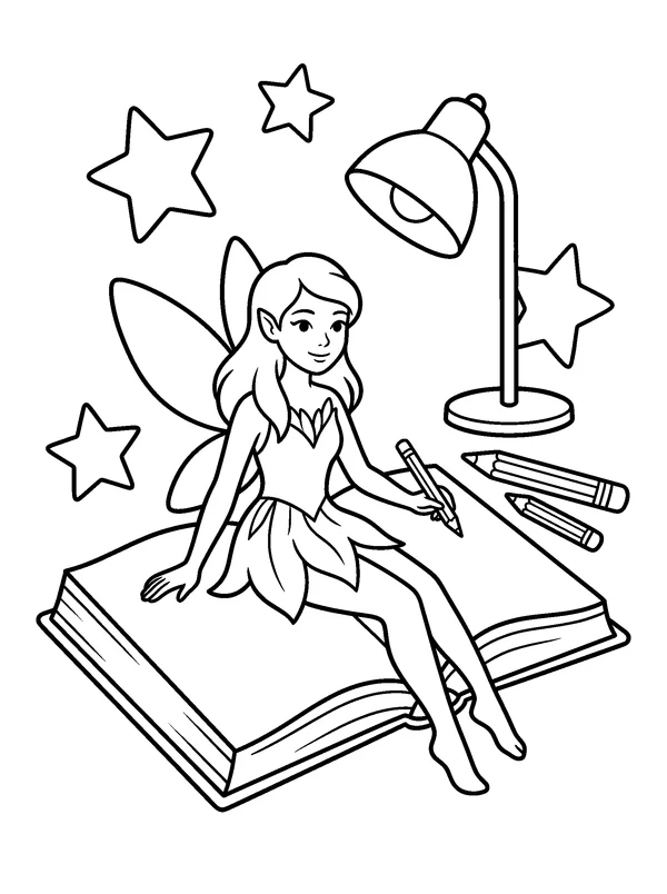 Book Fairy — printable black-and-white coloring sheet