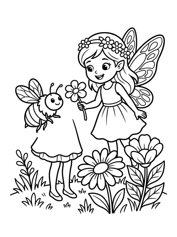 Bumblebee Fairy — printable black-and-white coloring sheet