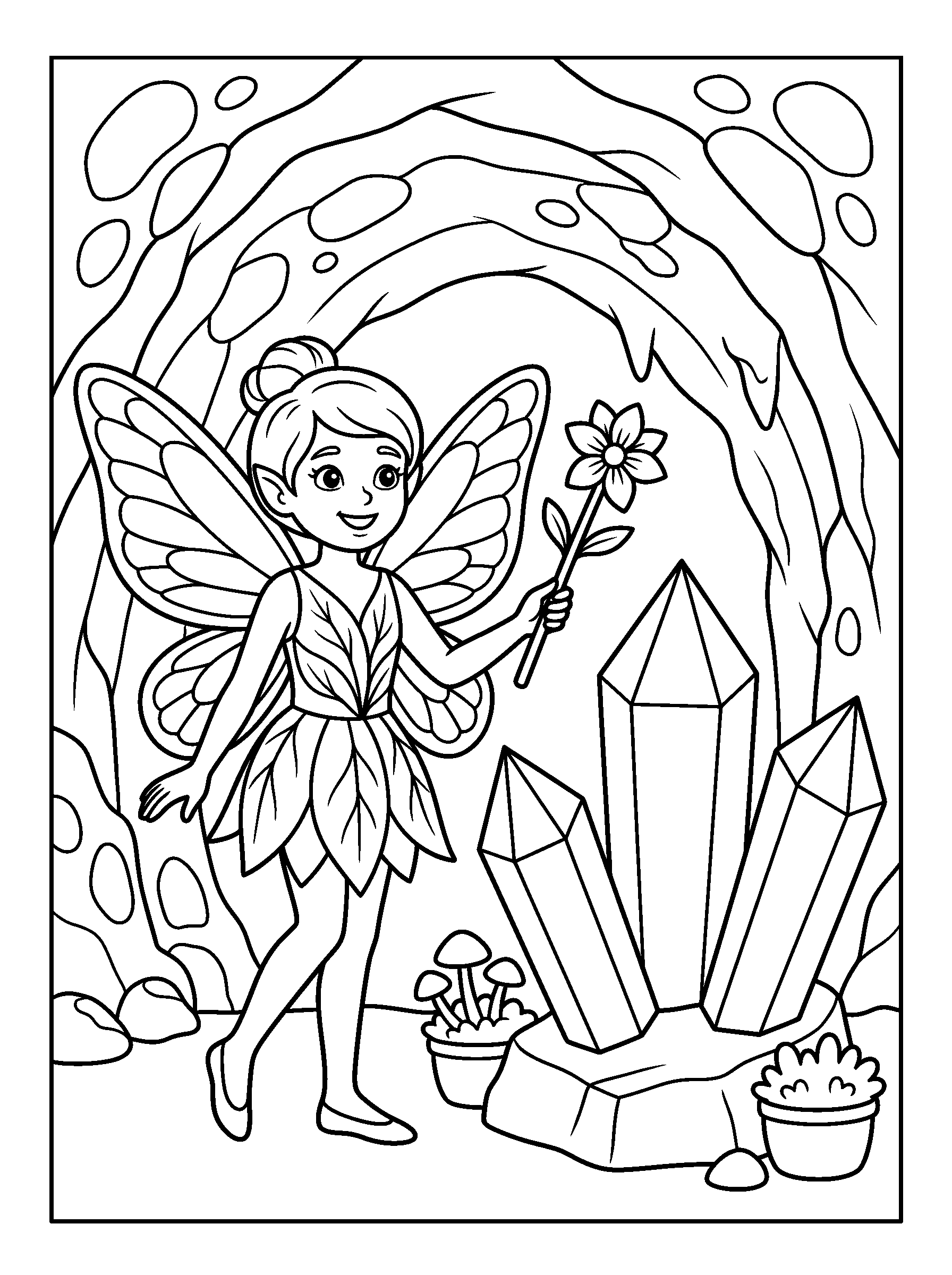 Crystal Fairy — full black-and-white printable coloring page