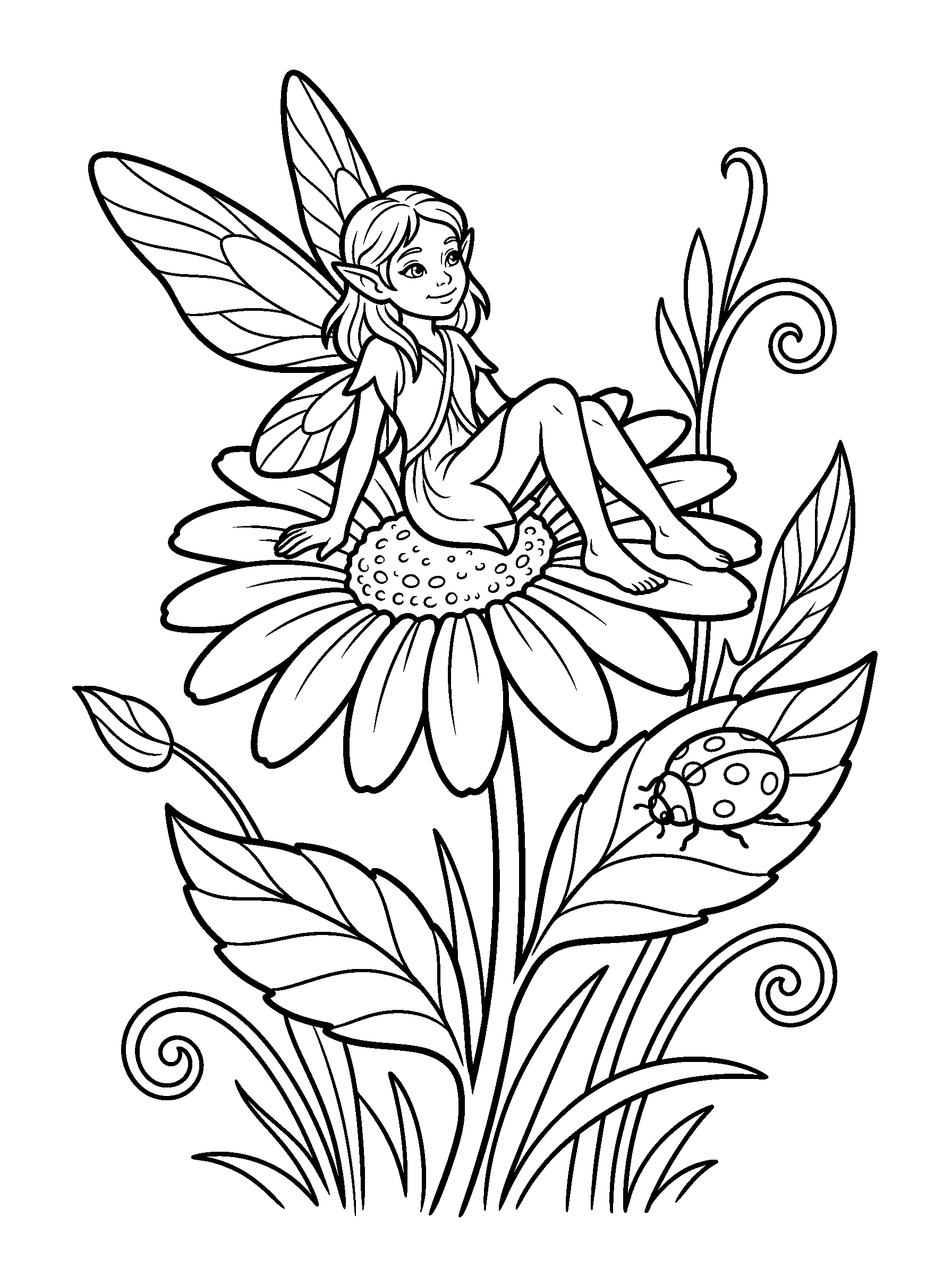 Fée marguerite — page à colorier imprimable en noir et blanc