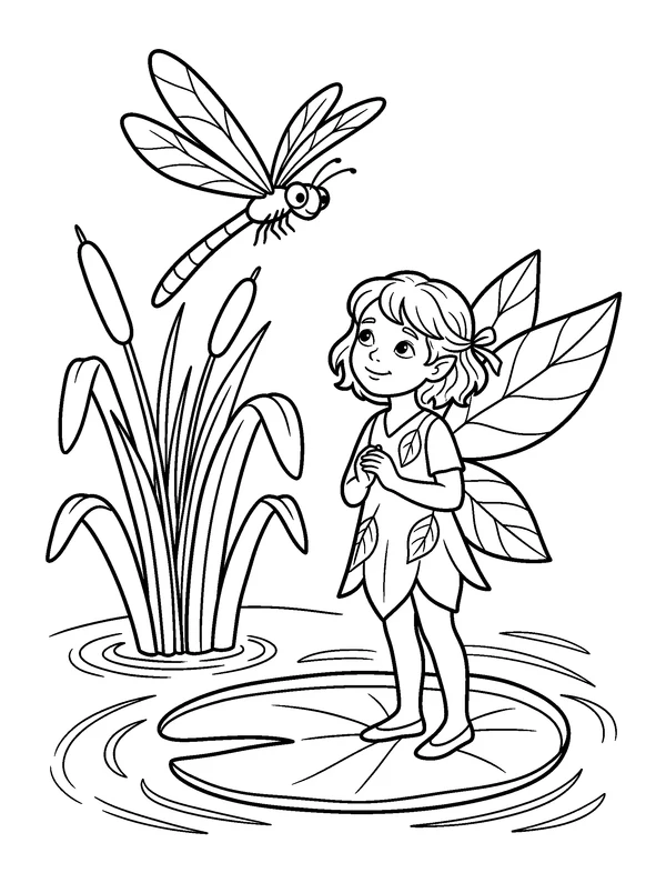 Dragonfly Fairy — printable black-and-white coloring sheet