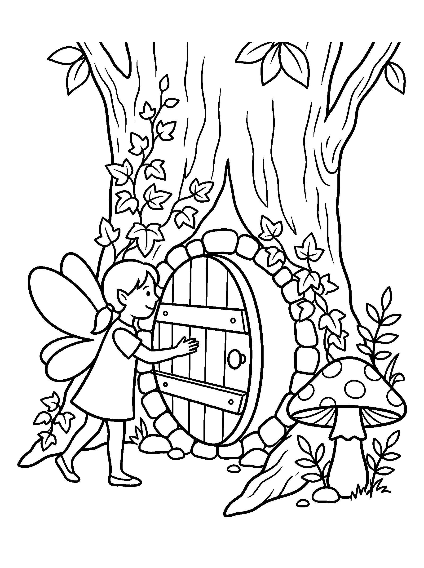 Garden Gate Fairy — full black-and-white printable coloring page