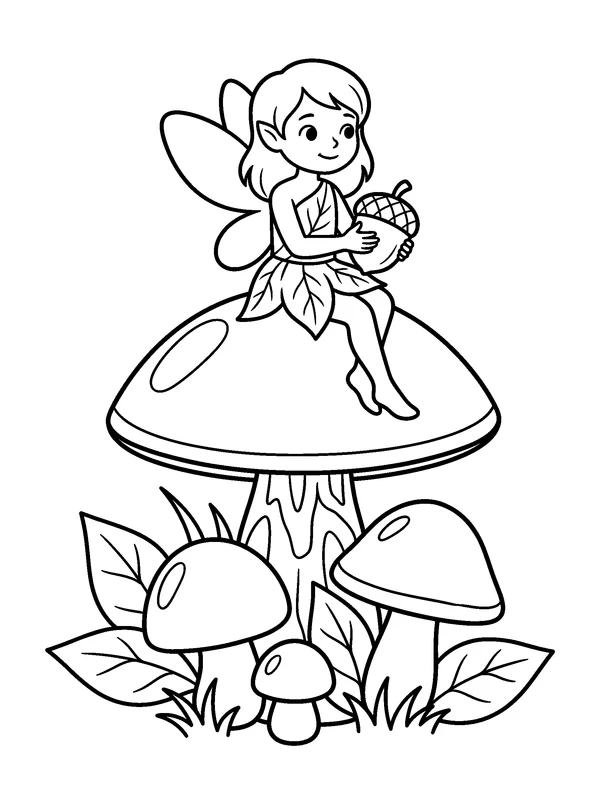 Mushroom Fairy — printable black-and-white coloring sheet