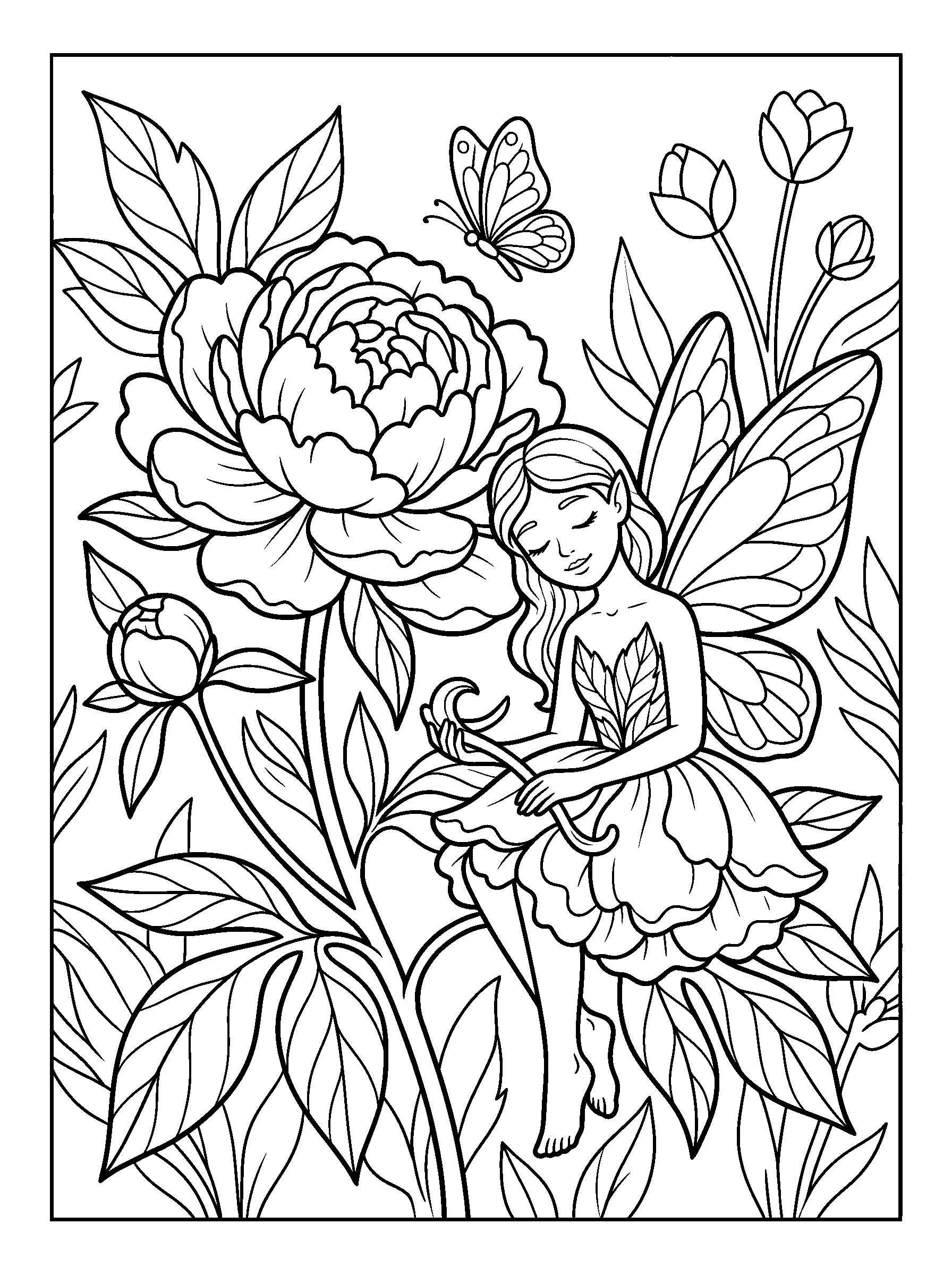 Peony Fairy — full black-and-white printable coloring page