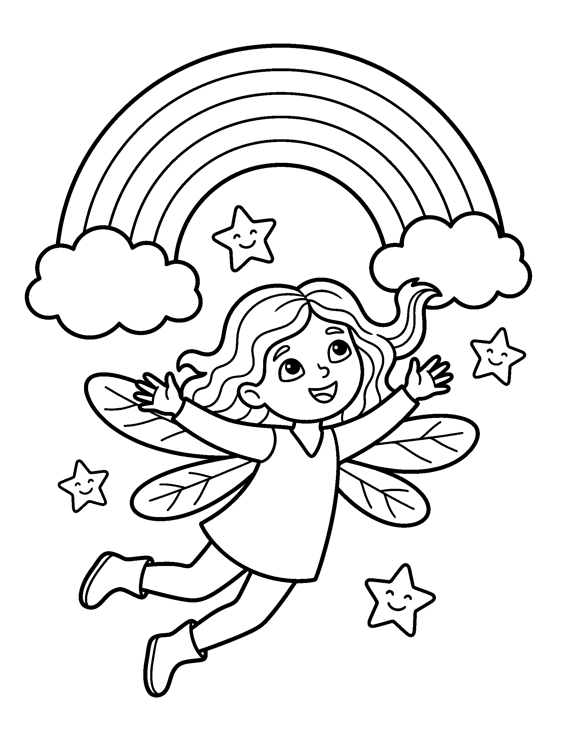 Rainbow Fairy — full black-and-white printable coloring page