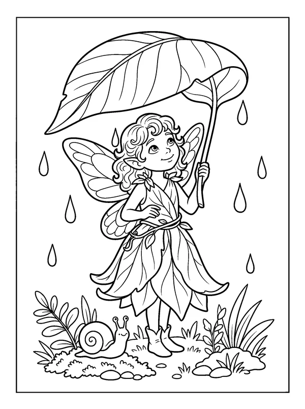 Raindrop Fairy — printable black-and-white coloring sheet