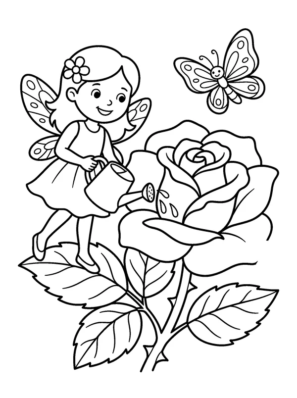 Rose Fairy — printable black-and-white coloring sheet