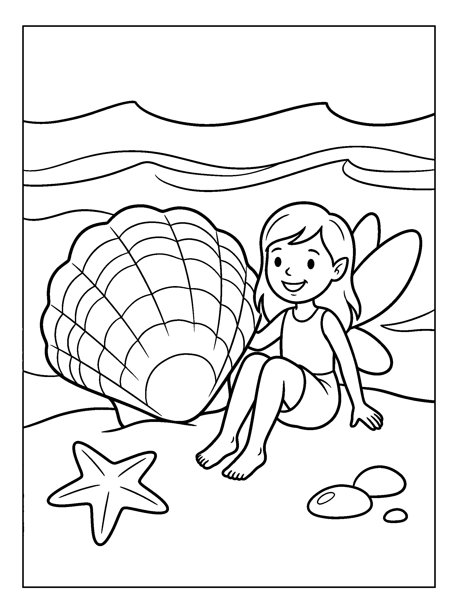 Seashell Fairy — full black-and-white printable coloring page