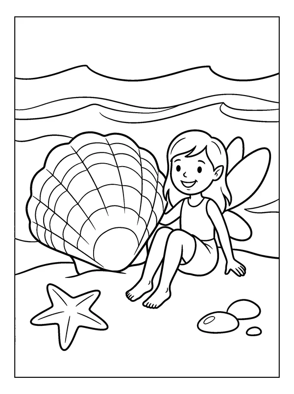 Seashell Fairy — printable black-and-white coloring sheet