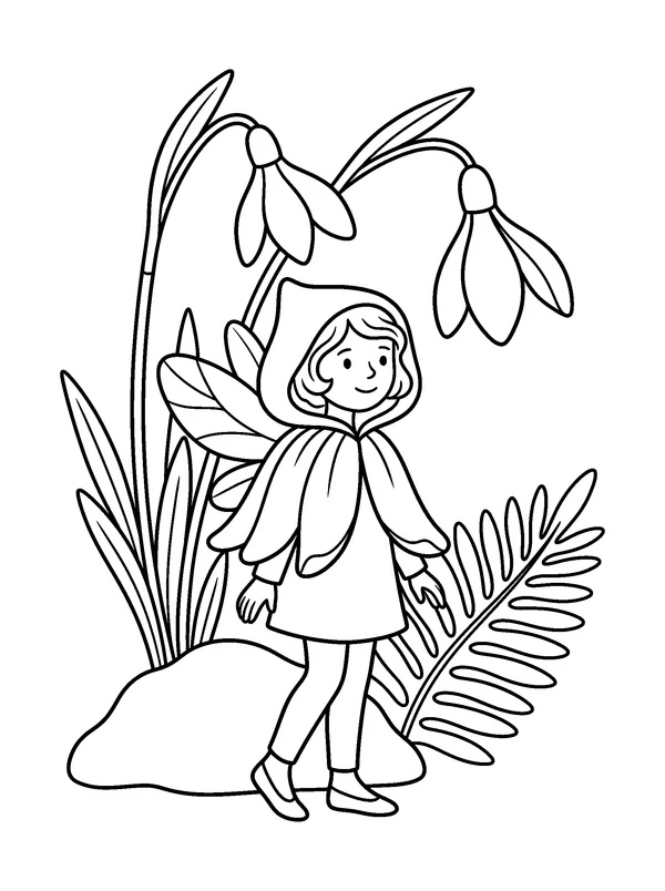 Snowdrop Fairy — printable black-and-white coloring sheet