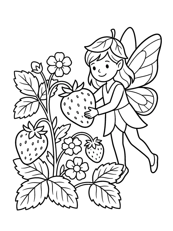 Strawberry Fairy — printable black-and-white coloring sheet
