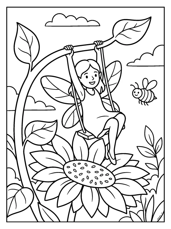 Sunflower Fairy — printable black-and-white coloring sheet