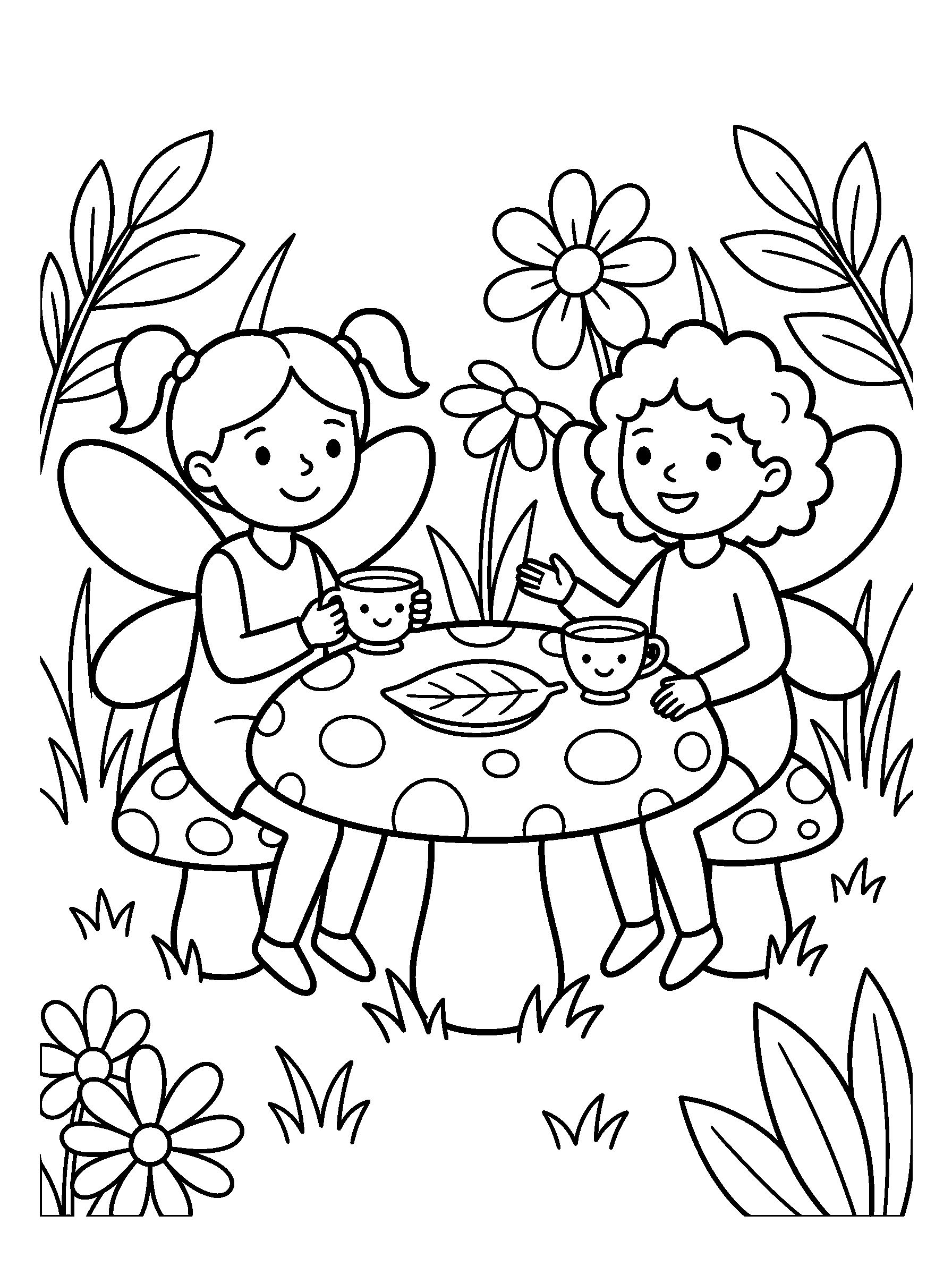 Tea Party Fairy — full black-and-white printable coloring page