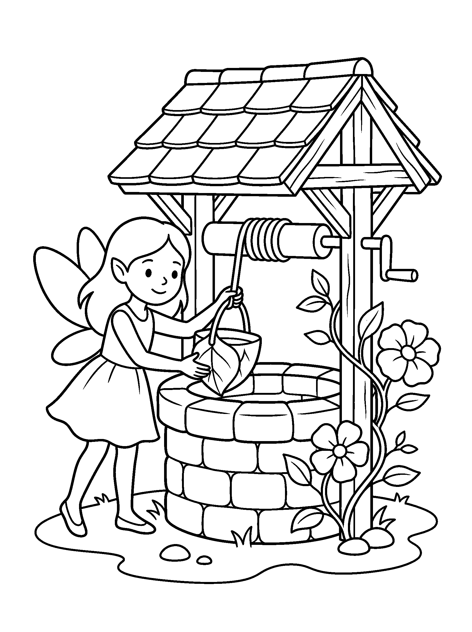 Wishing Well Fairy — full black-and-white printable coloring page
