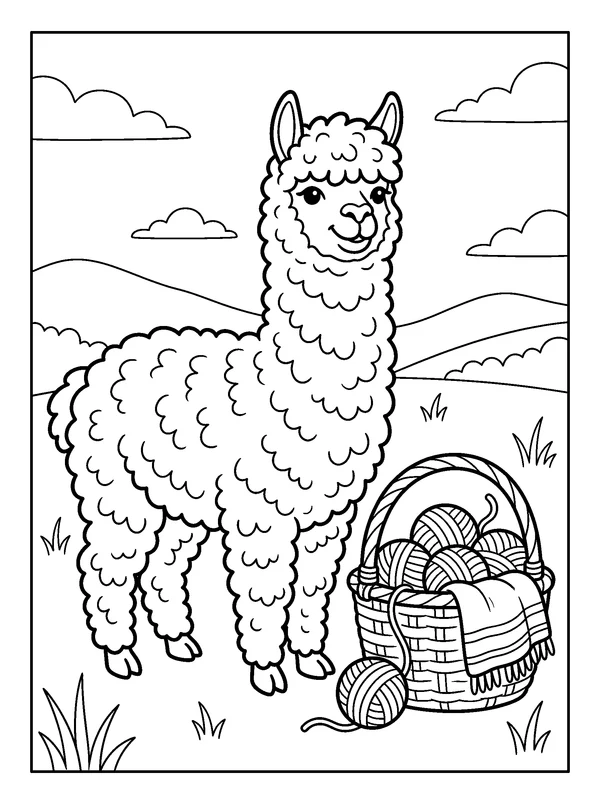 Alpaca Beside the Wool Basket — printable black-and-white coloring sheet