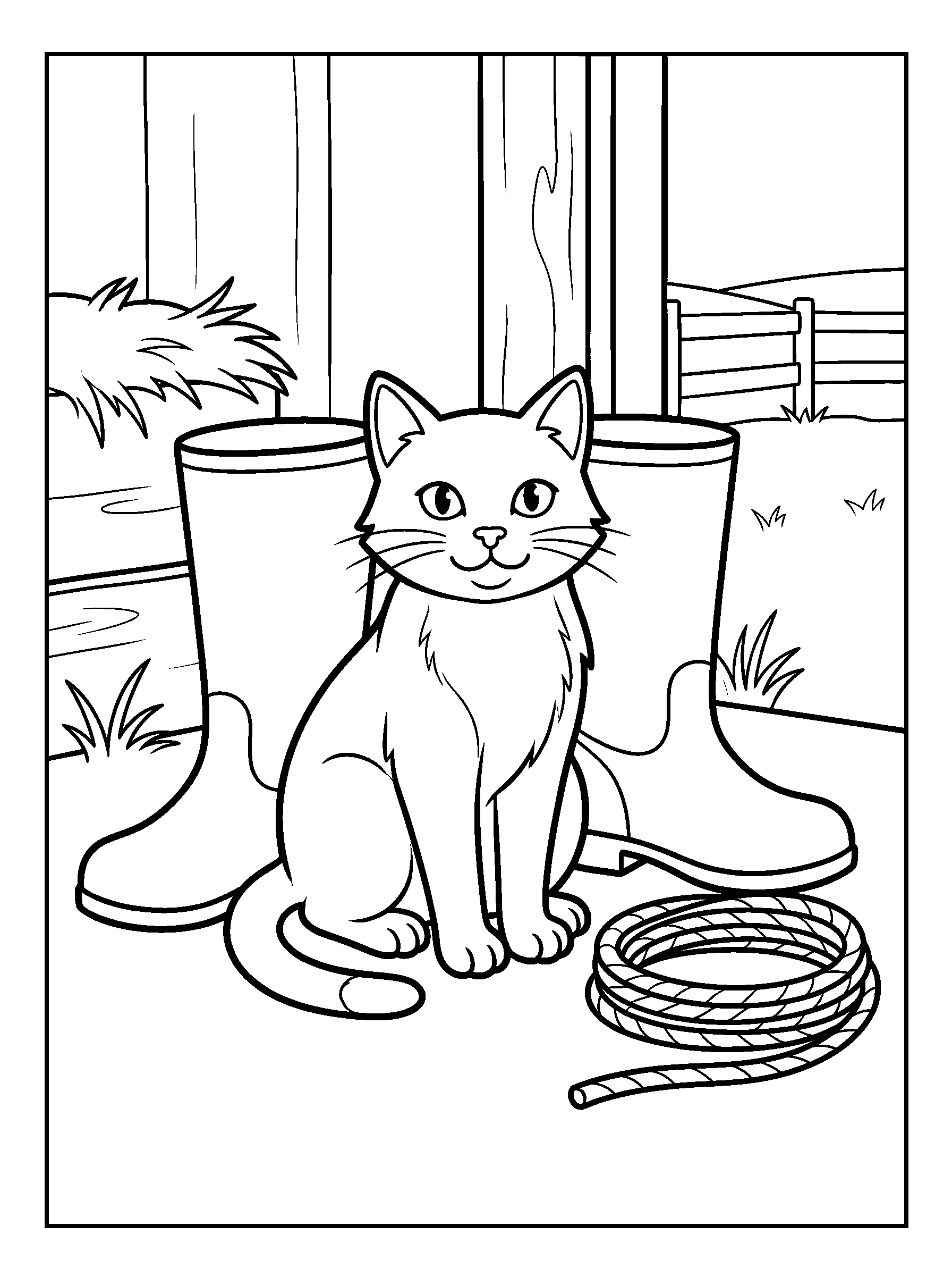 Barn Cat in a Pair of Boots — full black-and-white printable coloring page