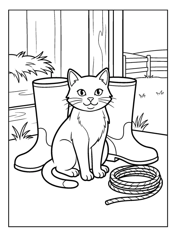 Barn Cat in a Pair of Boots — printable black-and-white coloring sheet