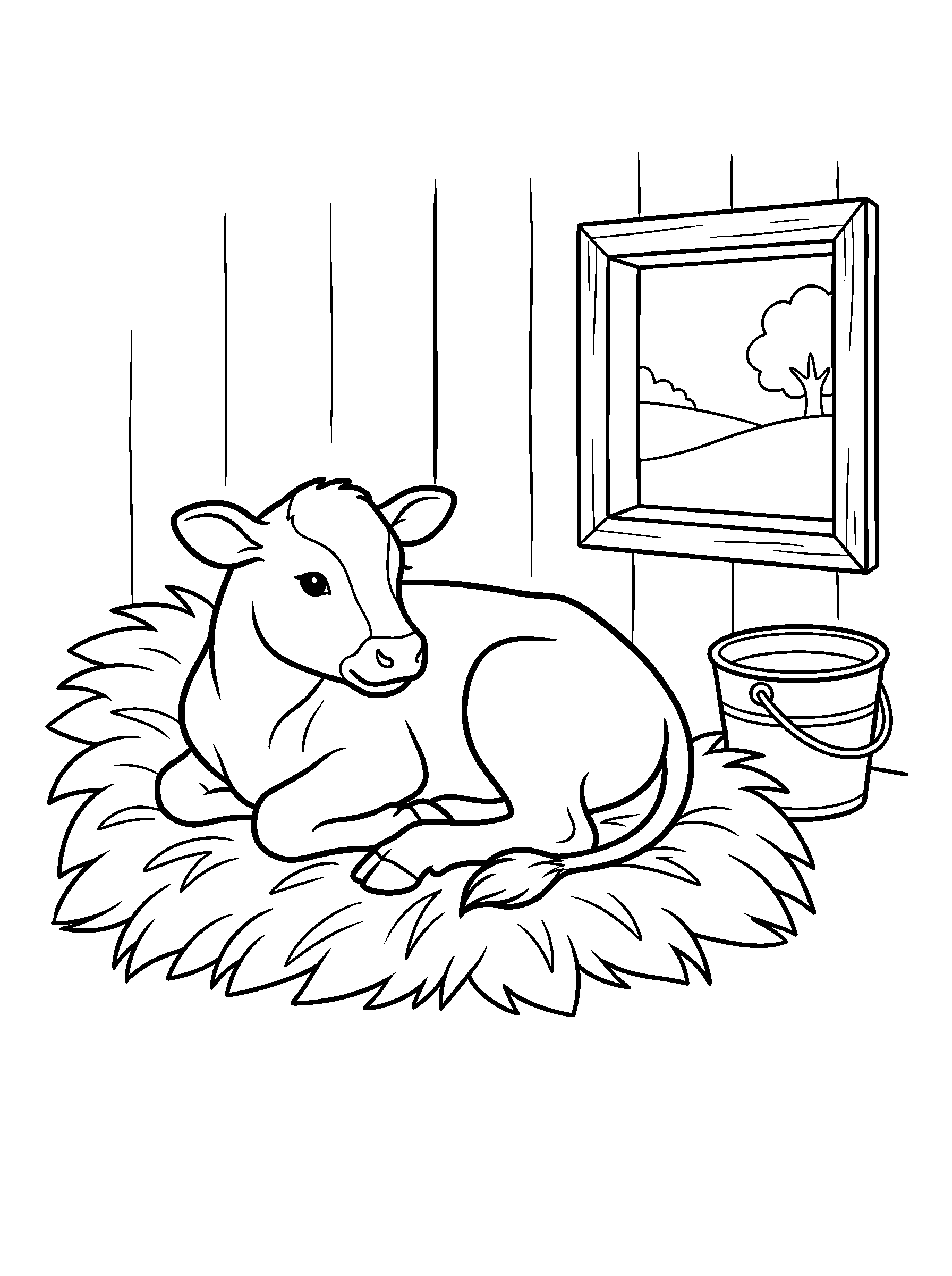 Calf Resting in the Hay — full black-and-white printable coloring page