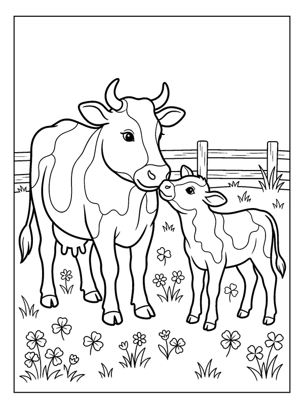 Cow and Calf in Clover — printable black-and-white coloring sheet
