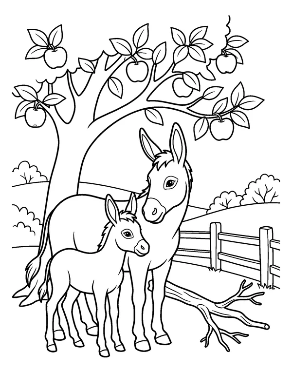 Donkey and Foal in the Orchard — printable black-and-white coloring sheet