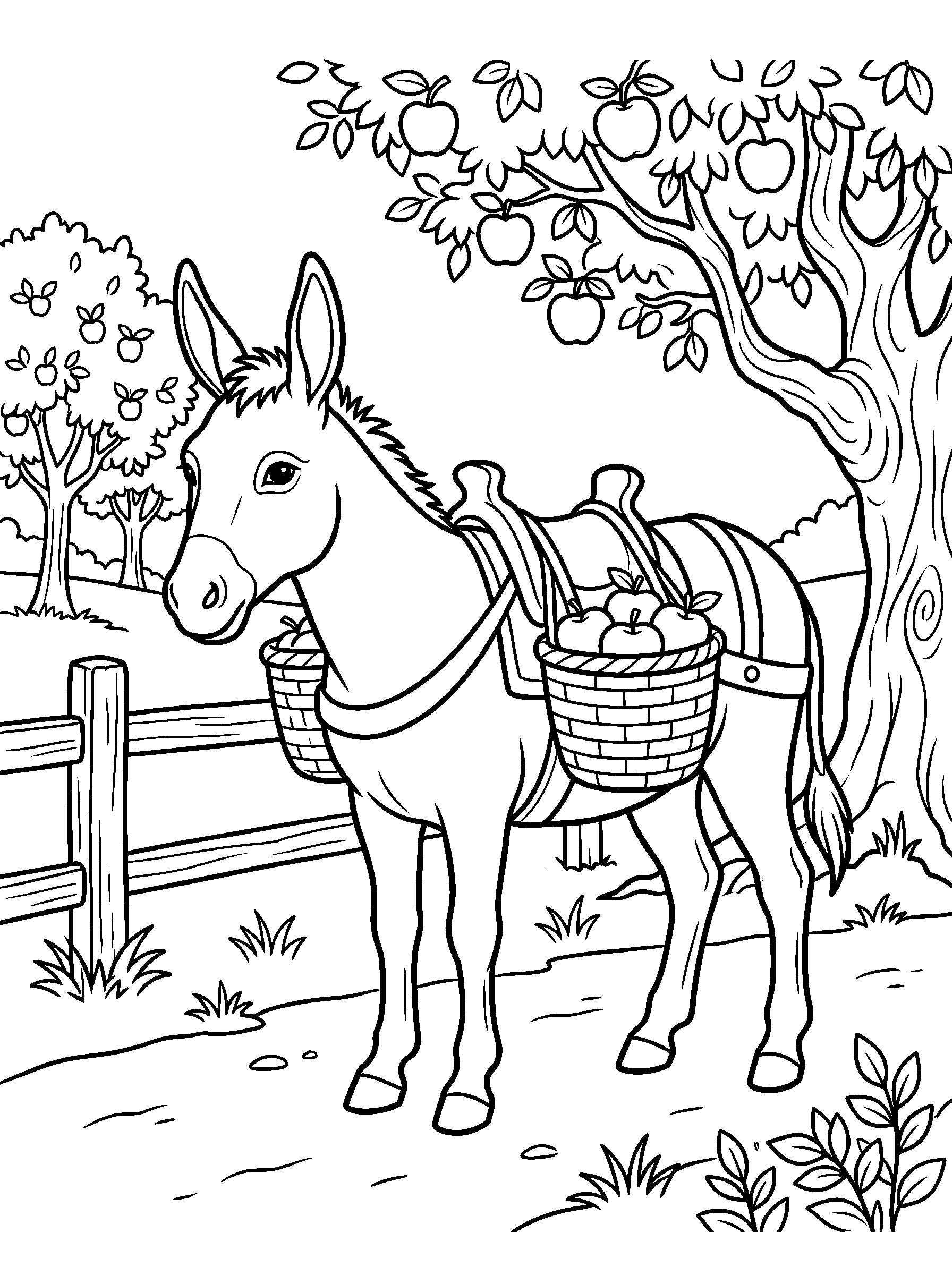 Donkey with Apple Baskets — full black-and-white printable coloring page