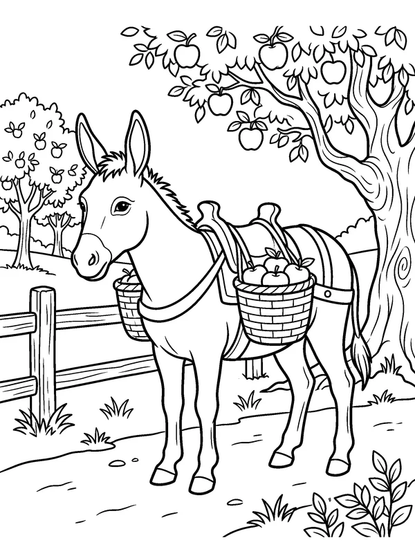 Donkey with Apple Baskets — printable black-and-white coloring sheet