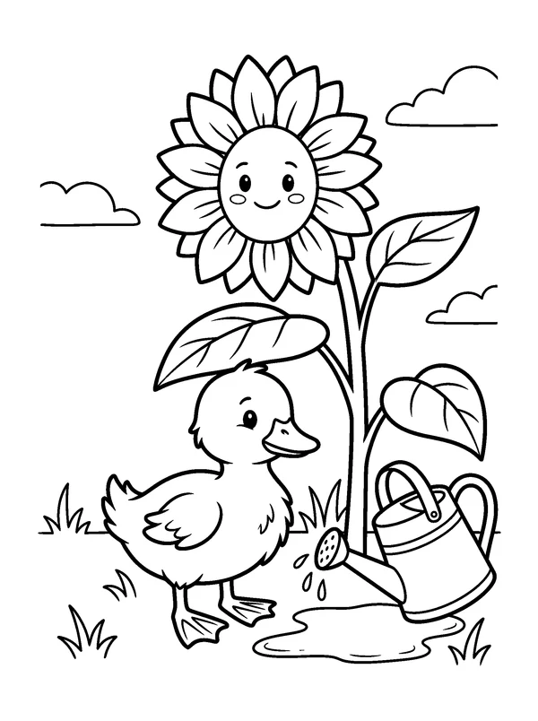 Duckling Under a Sunflower — printable black-and-white coloring sheet