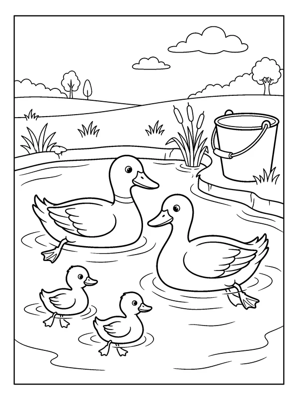 Ducks at the Farm Pond — printable black-and-white coloring sheet