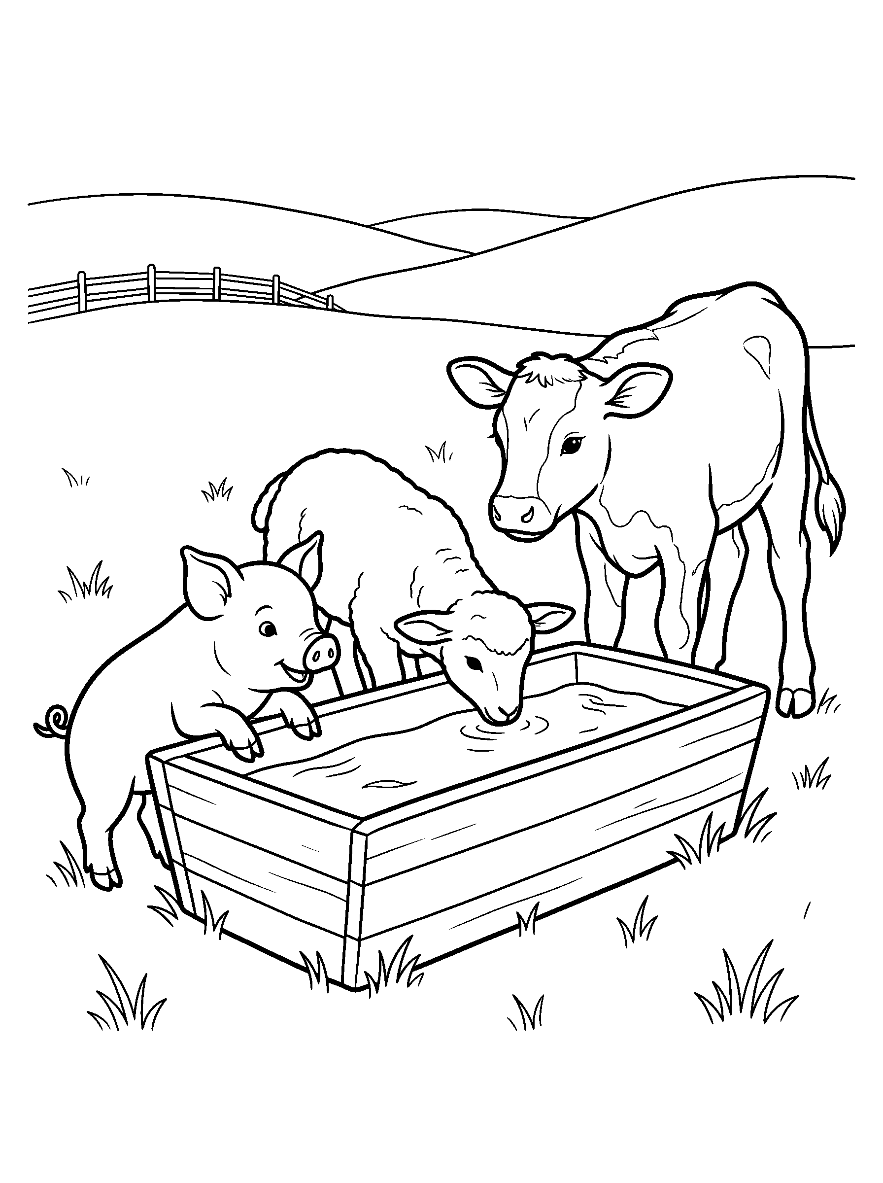 Farm Friends at the Water Trough — full black-and-white printable coloring page
