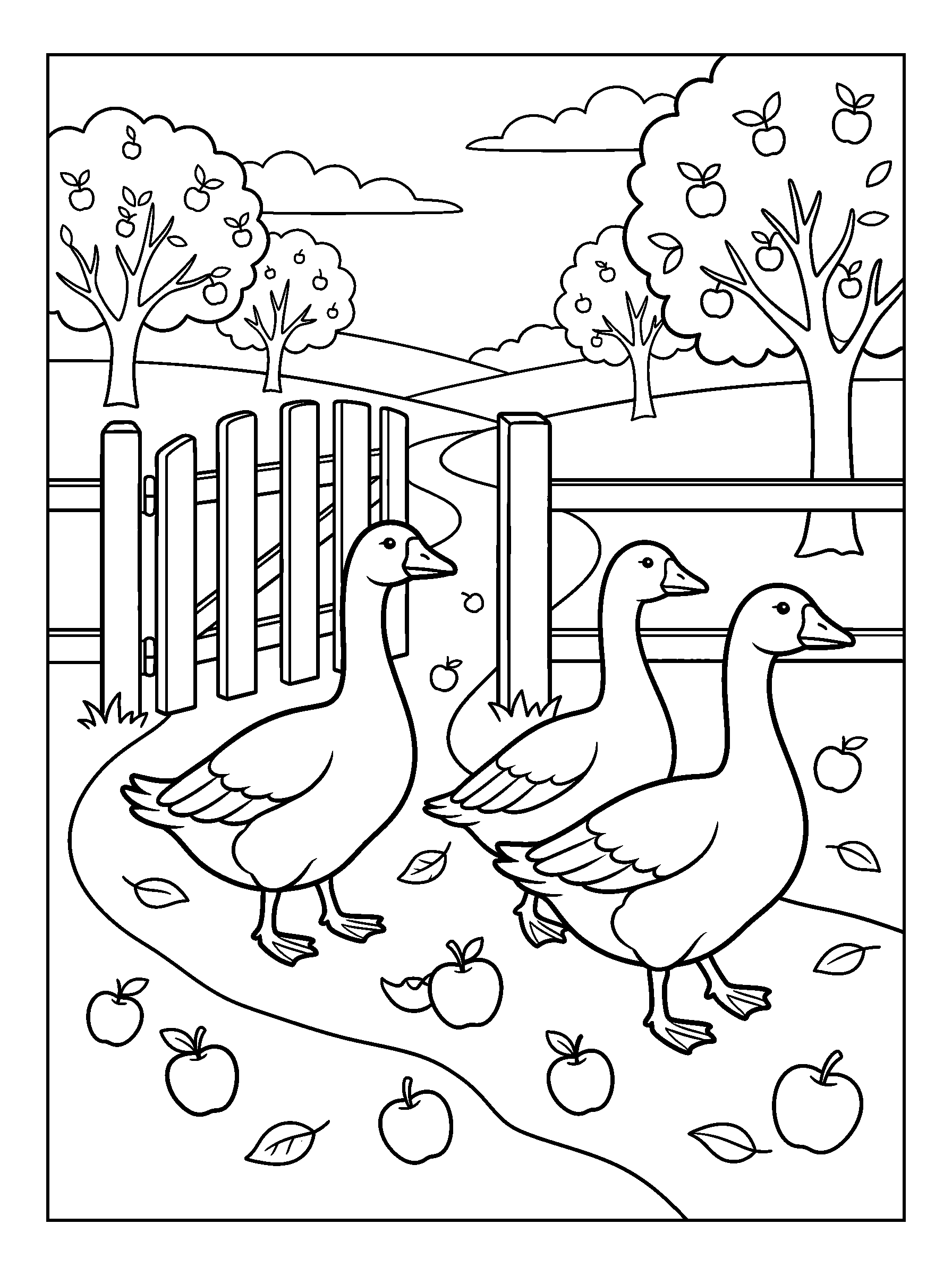 Geese at the Orchard Gate — full black-and-white printable coloring page