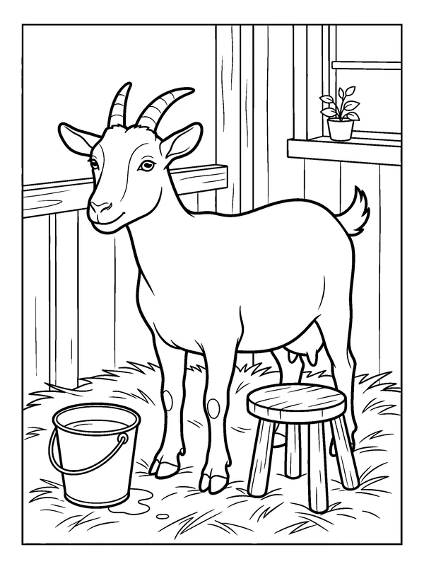 Goat by the Milking Stool — printable black-and-white coloring sheet