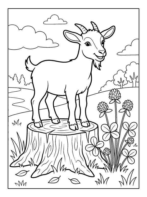 Goat on a Tree Stump — printable black-and-white coloring sheet