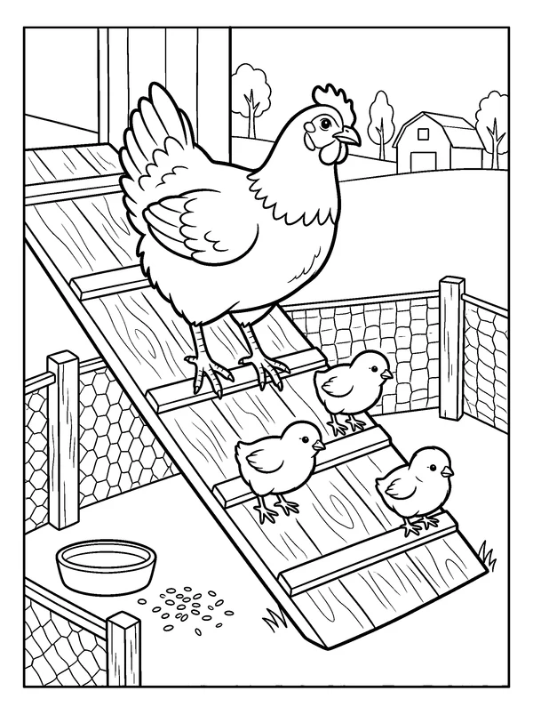 Hen Leading Chicks Down the Ramp — printable black-and-white coloring sheet
