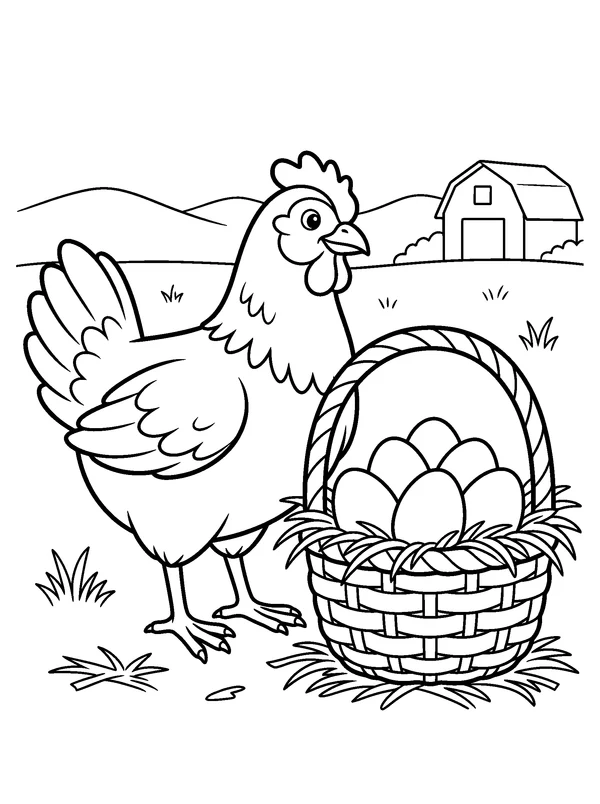 Hen with a Basket of Eggs — printable black-and-white coloring sheet