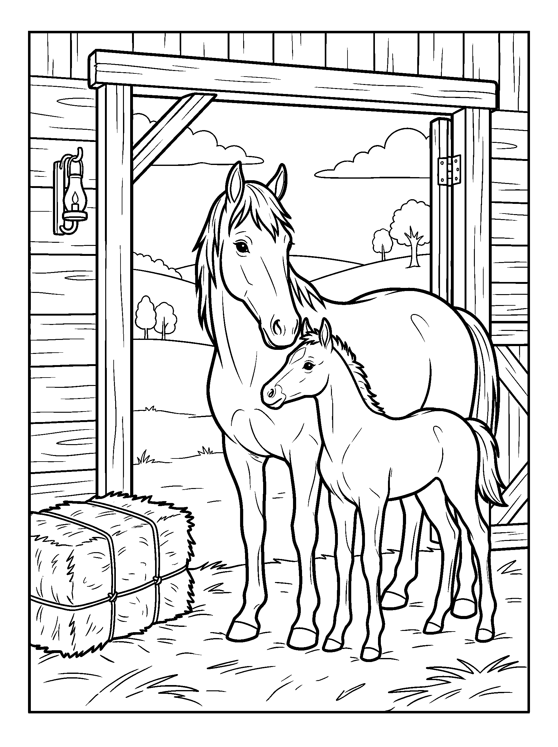 Horse and Foal at the Barn — full black-and-white printable coloring page