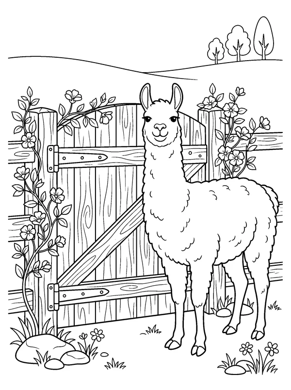 Llama at the Farm Gate — printable black-and-white coloring sheet