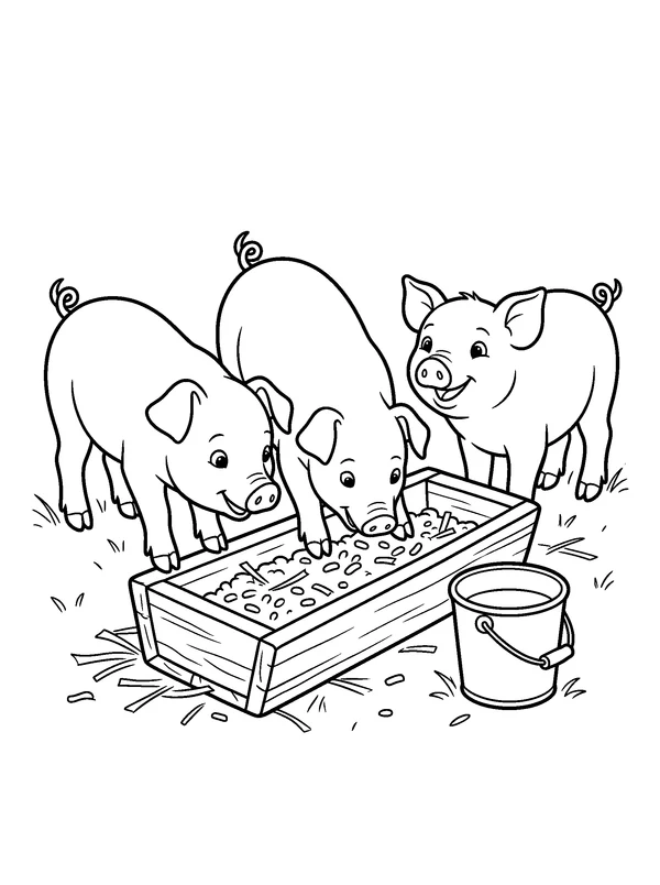 Piglets at the Feed Trough — printable black-and-white coloring sheet