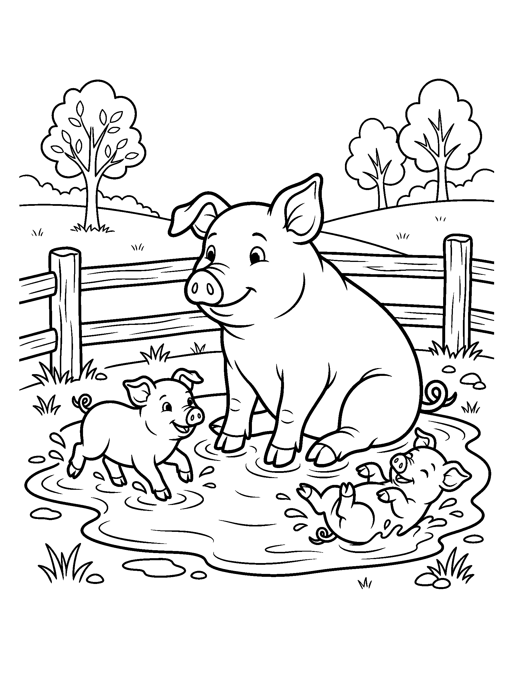 Pigs in a Mud Puddle — full black-and-white printable coloring page